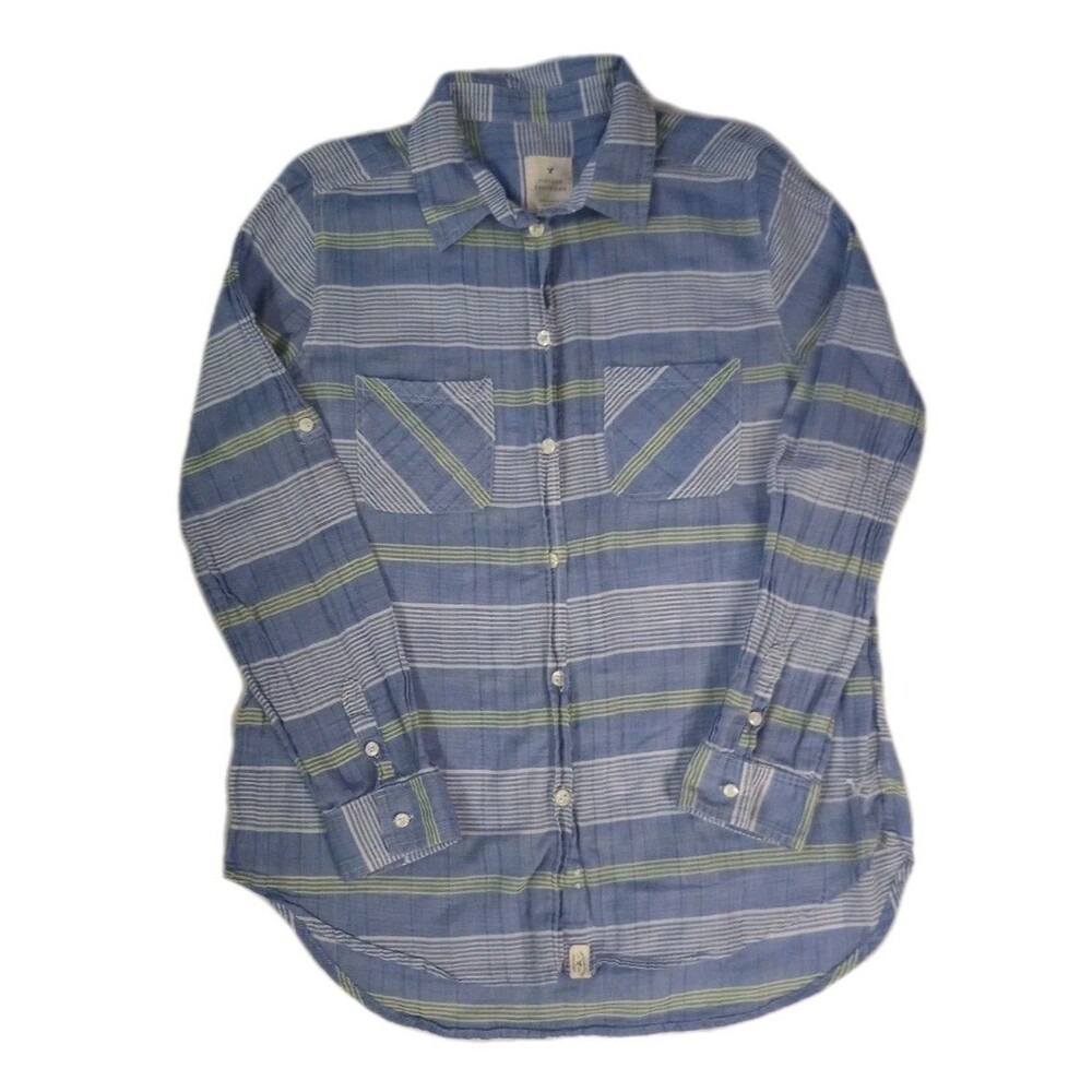 American Eagle Vintage Boyfriend Blue Plaid Top sz M Womens 100% Cotton
